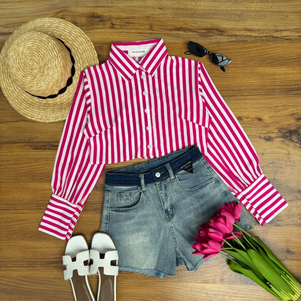 2.4035 HB25-11 Stripe Crop Shirt (PINK, M)