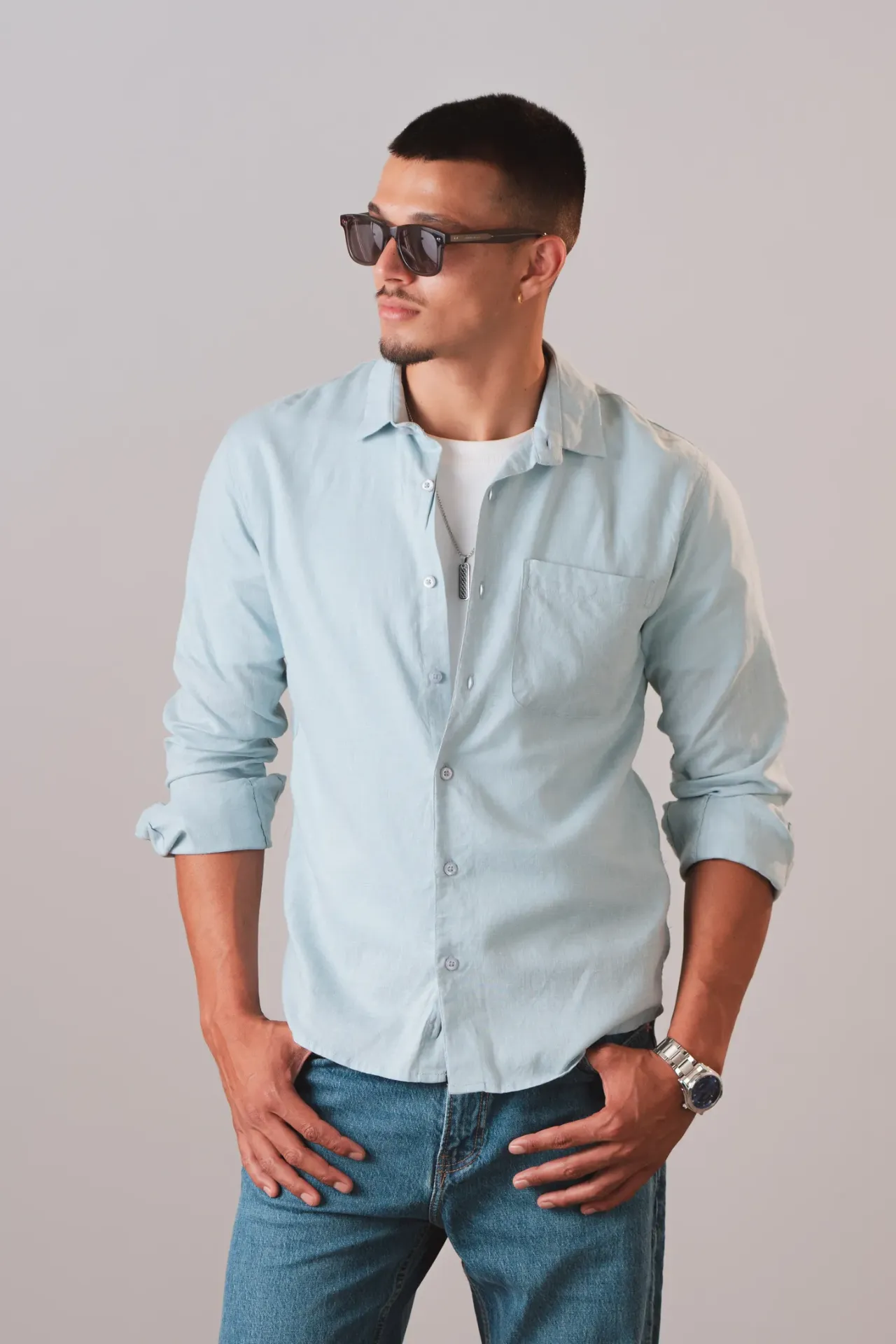3.50316 BMNL AW25-17 LINEN PLAIN SHIRT (BLUE, M)