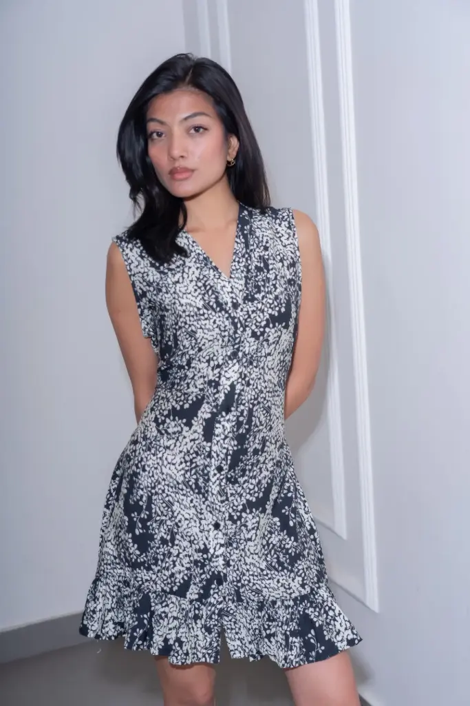 HB SS26-43 PRINTED RUFFLE HEM DRESS